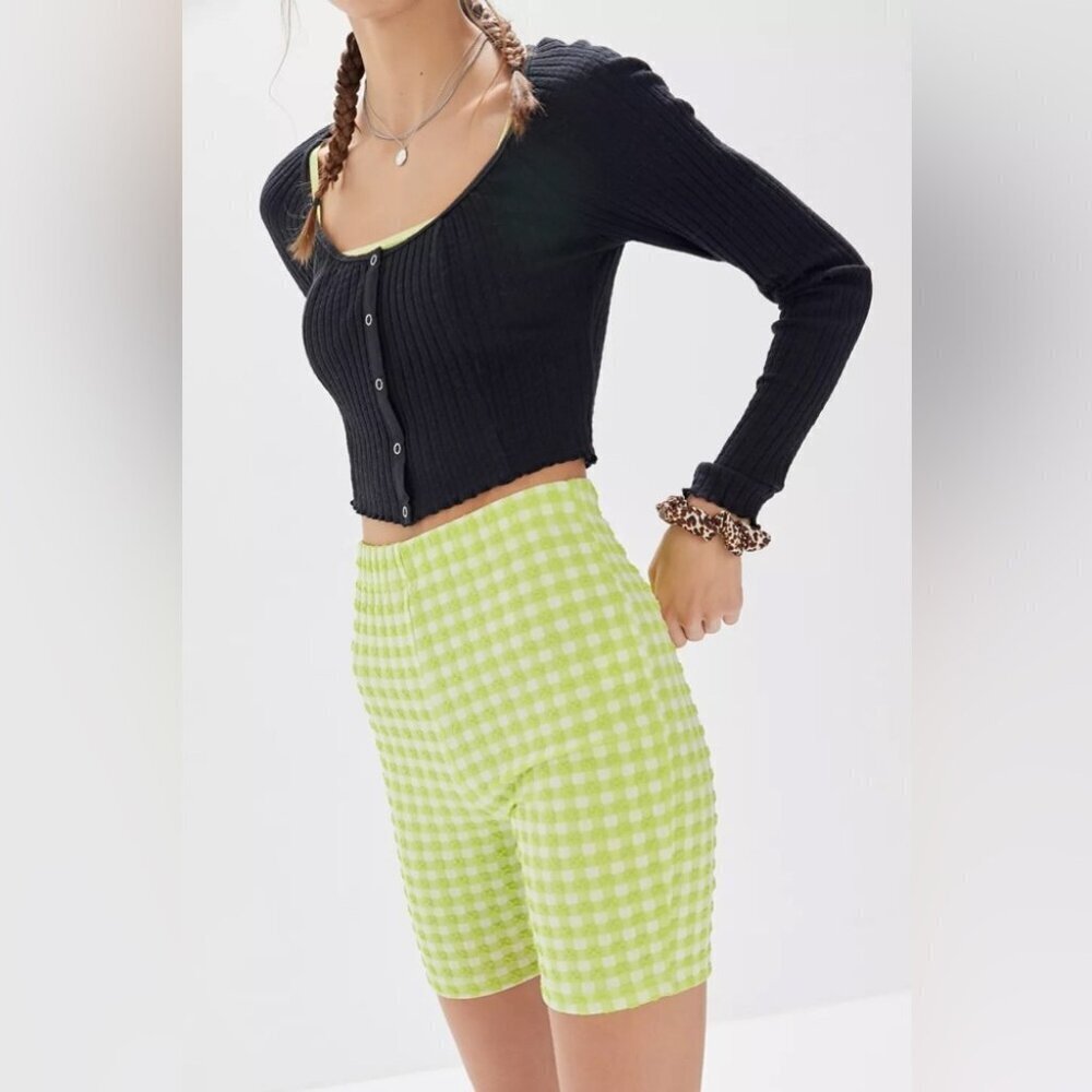 * Urban Outfitters Kimmy Neon Yellow Gingham High-Rise Bike Short Size S